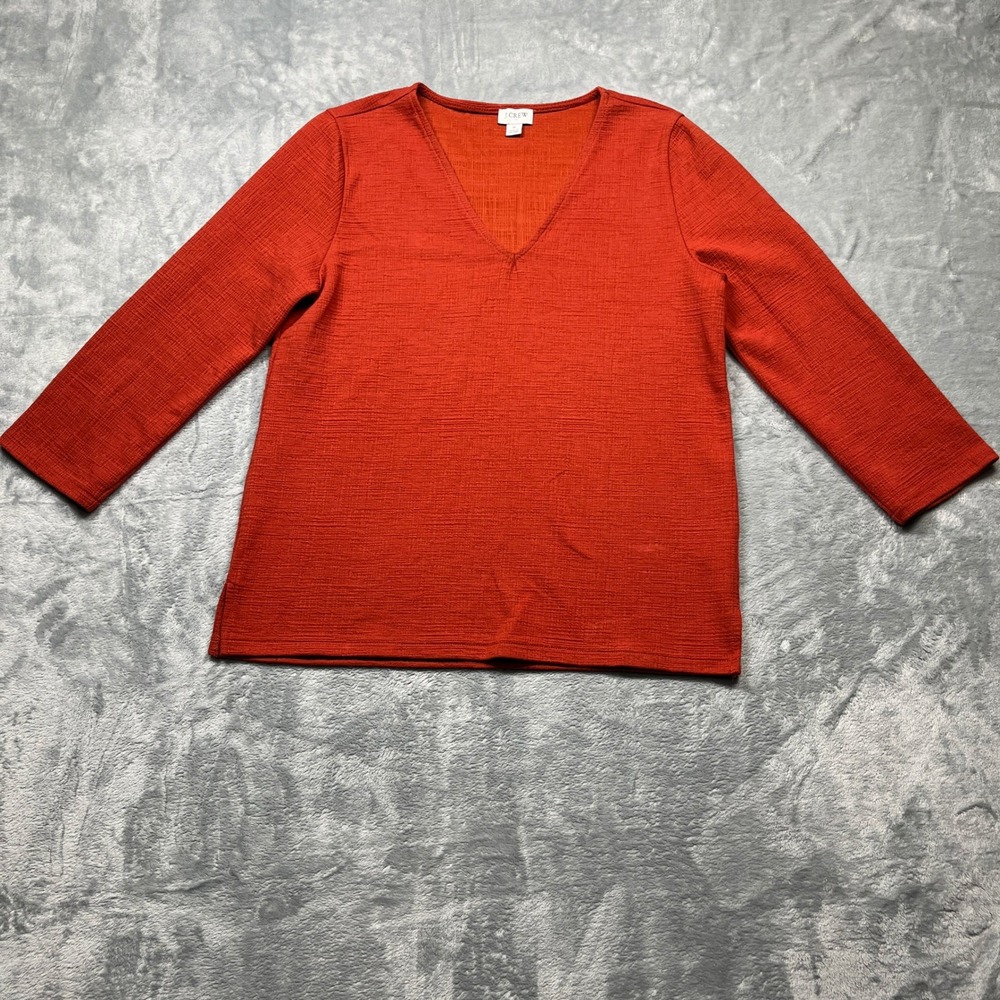 J.Crew V-Neck Top Women Burnt Orange 3/4 Sleeve Textured Slub Knit Slit Hem S